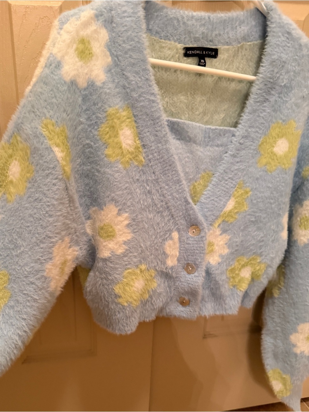 Kendall & Kylie Pastel Blue Fuzzy Floral V‑Neck Cardigan